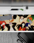 Anime desk pad 36x16 inches featuring Persona 4 Golden characters Yukiko, Chie, Naoto, Yu, and Rise in serene light.