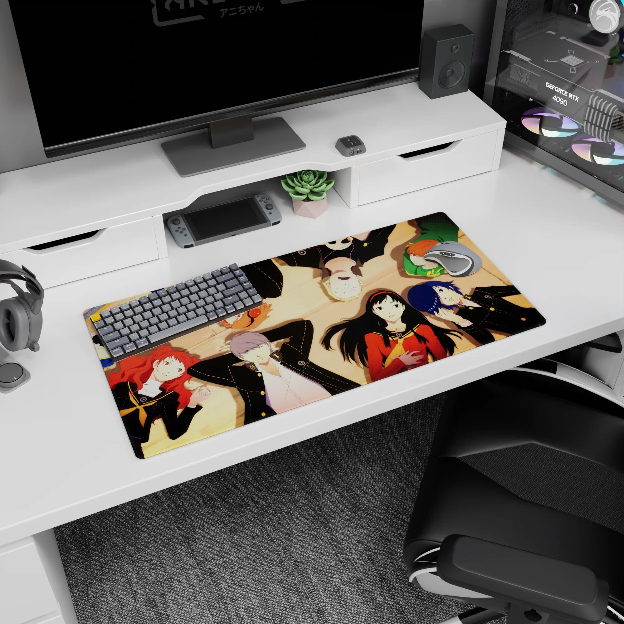 Persona 4 Golden anime mouse pad, 32x16 inches, featuring Yukiko, Chie, Naoto, Yu, Rise under soft golden light.