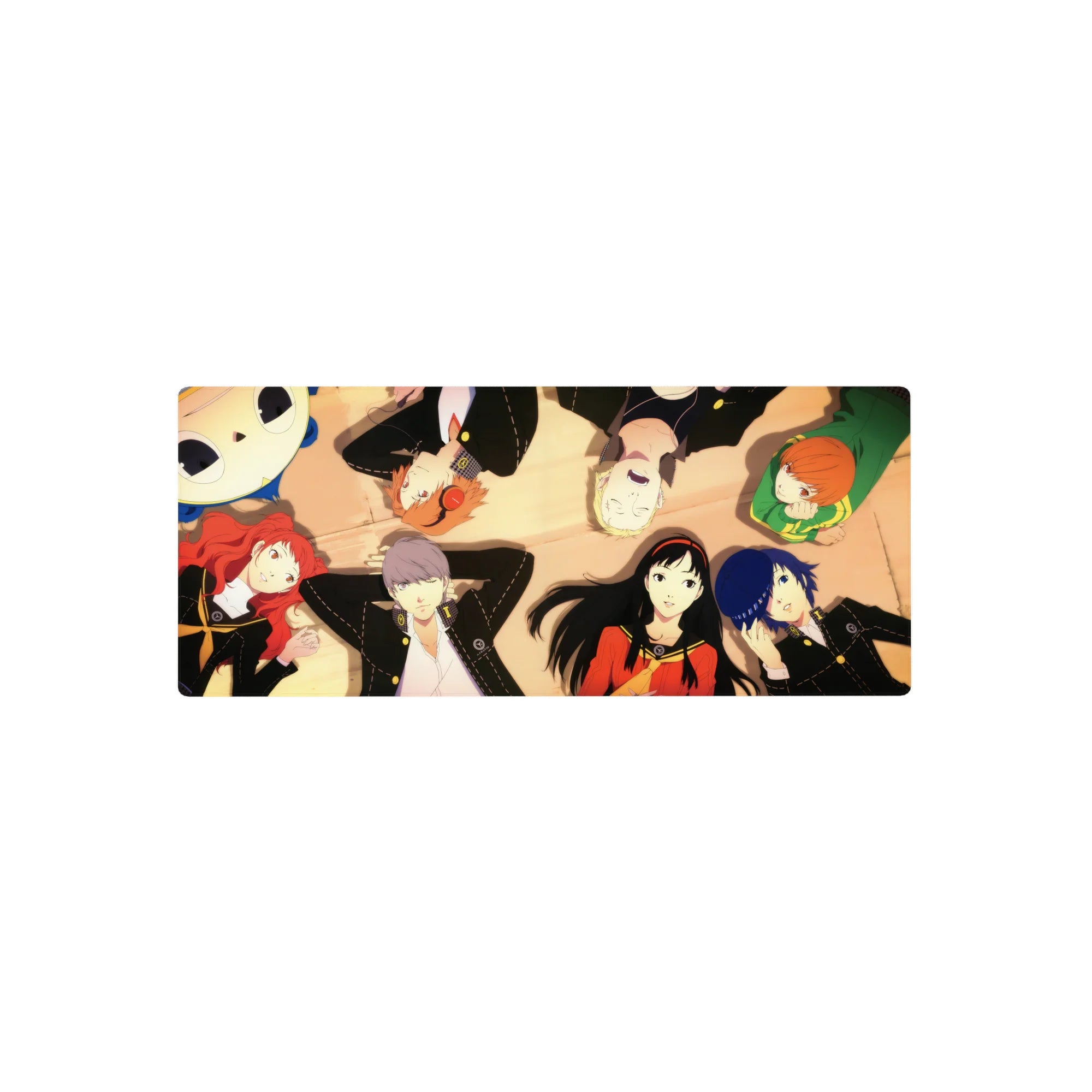 Anime mouse pad 28x12 inches featuring Persona 4 Golden characters Yukiko, Chie, Naoto, Yu, and Rise under soft light.
