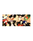 Anime mouse pad 28x12 inches featuring Persona 4 Golden characters Yukiko, Chie, Naoto, Yu, and Rise under soft light.