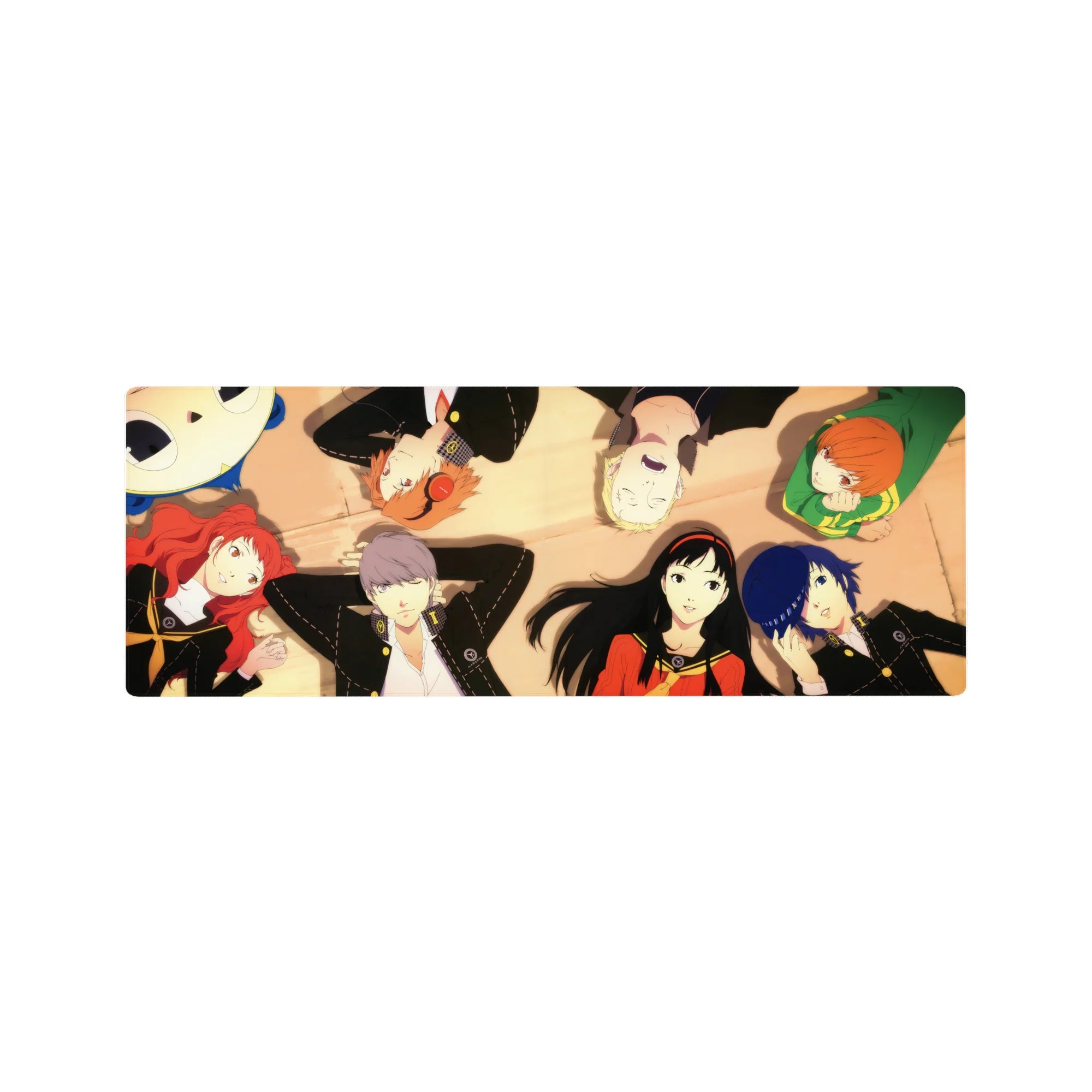 Anime mouse pad 32x12 inches featuring Persona 4 Golden characters: Yukiko, Chie, Naoto, Yu, Rise under golden light.