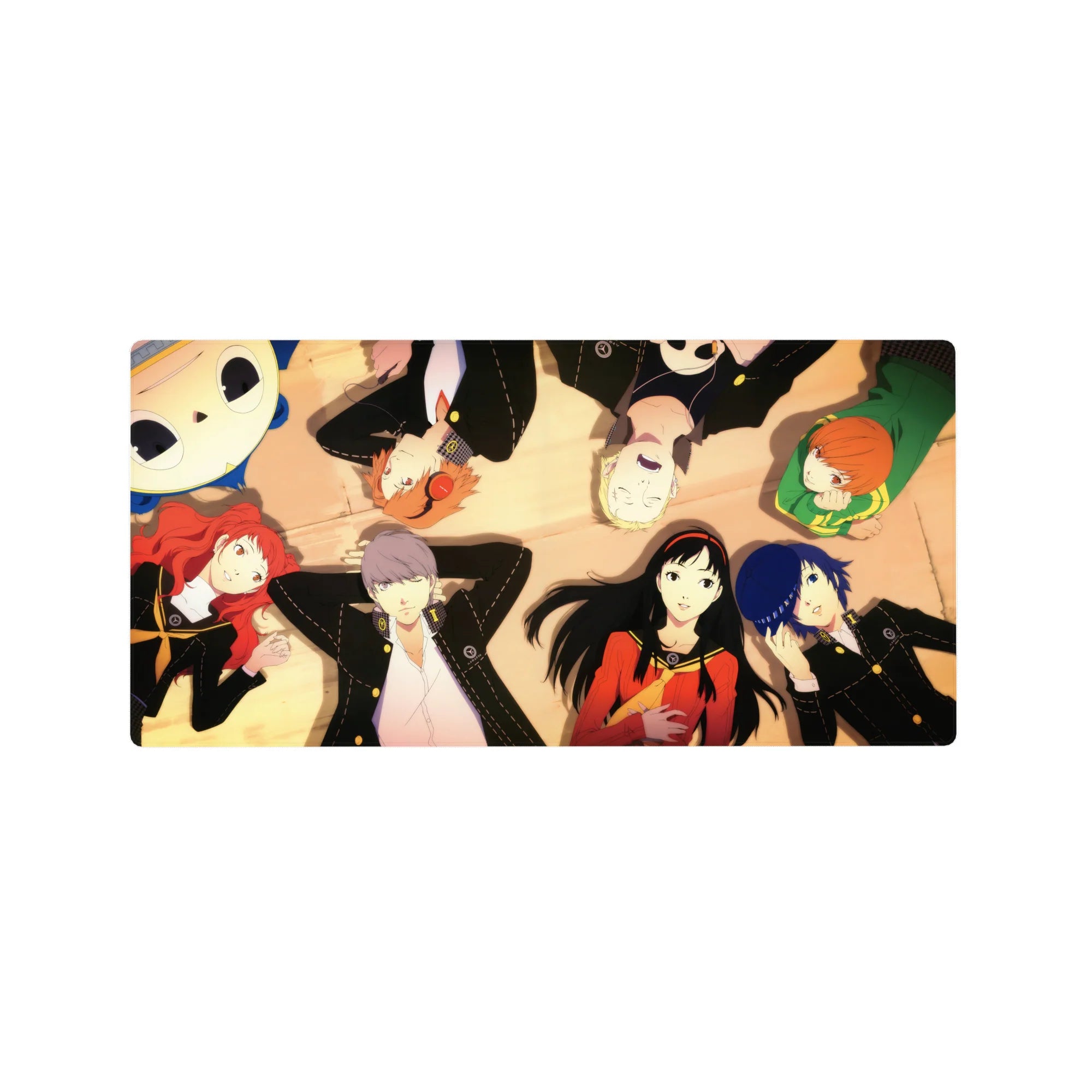 Anime mouse pad 32x16 inches featuring Persona 4 Golden characters, Yukiko, Chie, Naoto, Yu, and Rise in soft golden light.