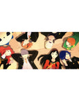 Anime mouse pad 36x16 inches featuring Persona 4 Golden characters: Yukiko, Chie, Naoto, Yu, and Rise under golden light.