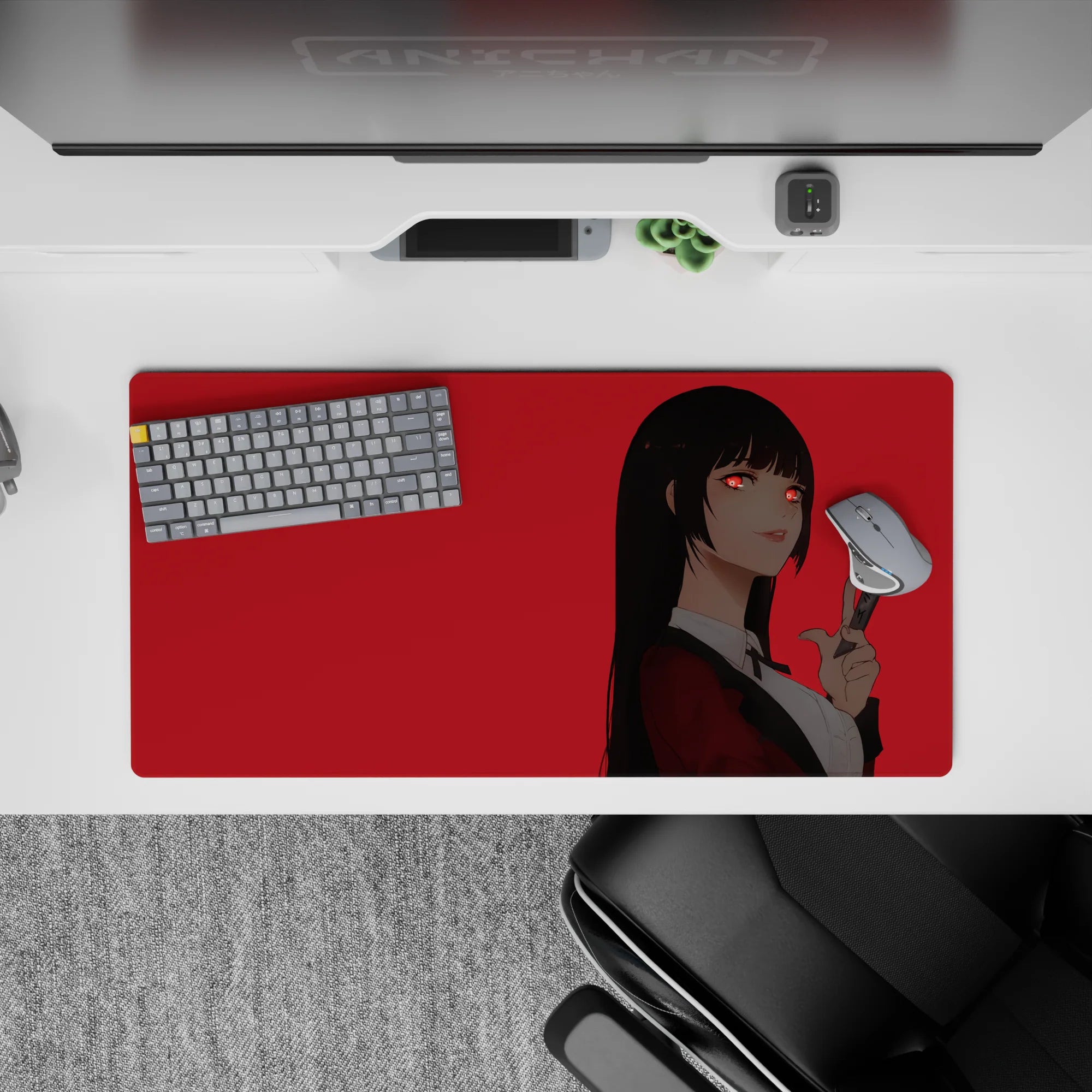 32x16 inches red minimalist anime mouse pad with cool dangerous smile, crimson blazer, bright contrast.