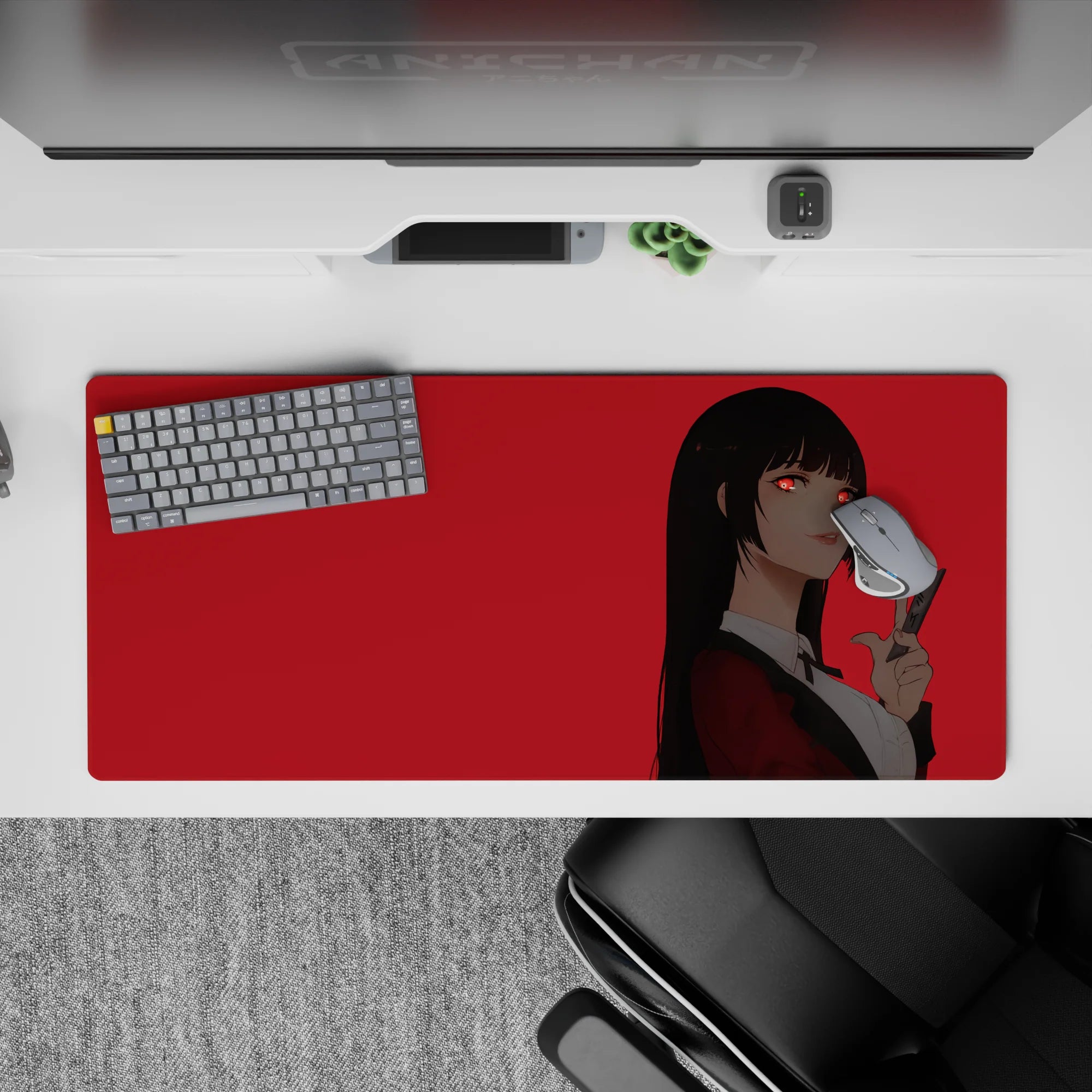 36x16 inches red minimalist anime desk pad with glowing red eyes and a bold, daring vibe.
