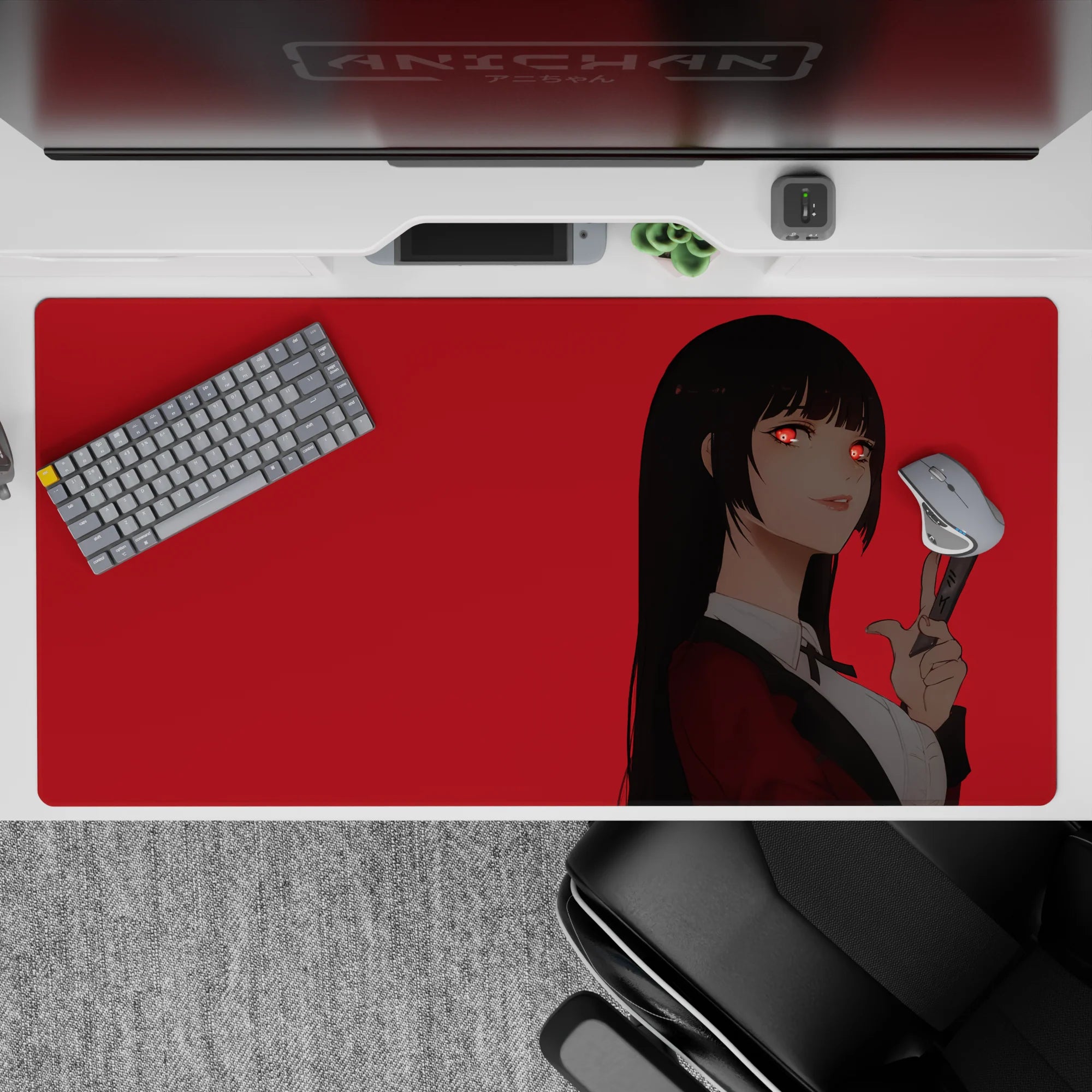 Red minimalist anime desk pad 40x20 inches, cool dangerous smile vibe, smooth tracking and comfy feel.