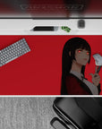 Red minimalist anime desk pad 40x20 inches, cool dangerous smile vibe, smooth tracking and comfy feel.