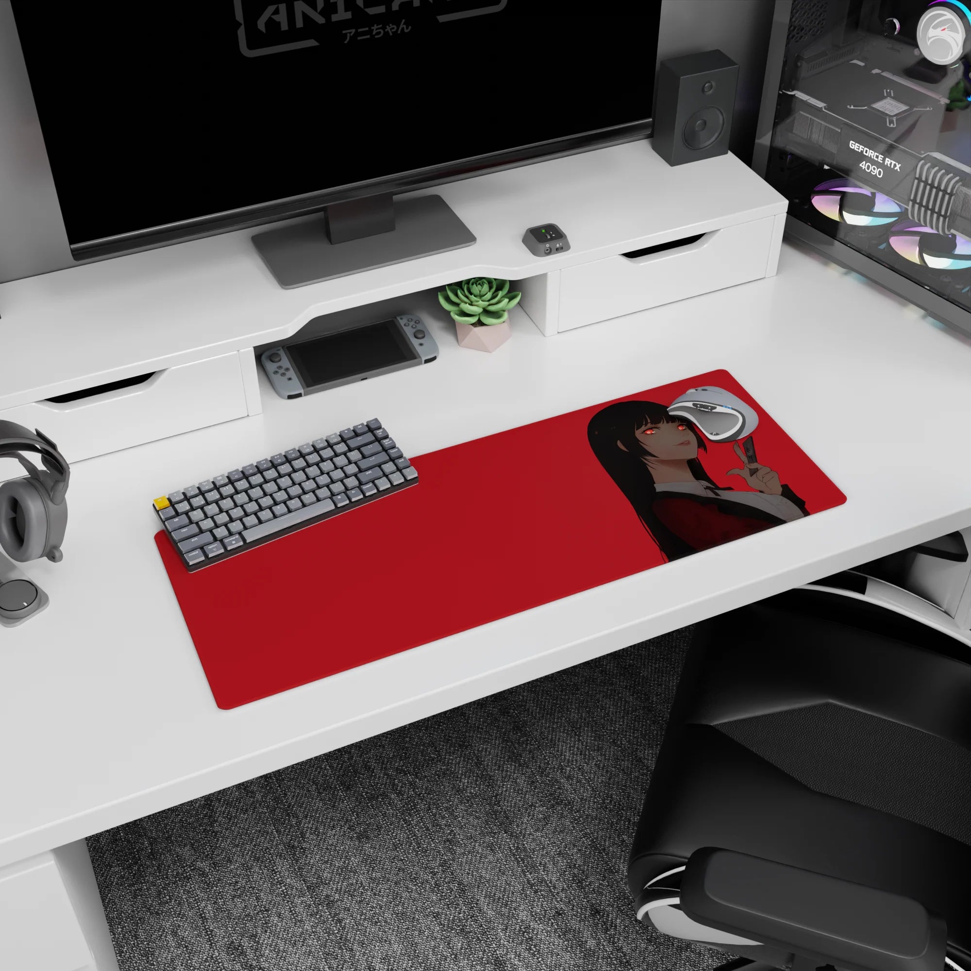 32x12 inches desk mat showing Yumeko Jabami smirking in crimson blazer and white shirt, side glance.
