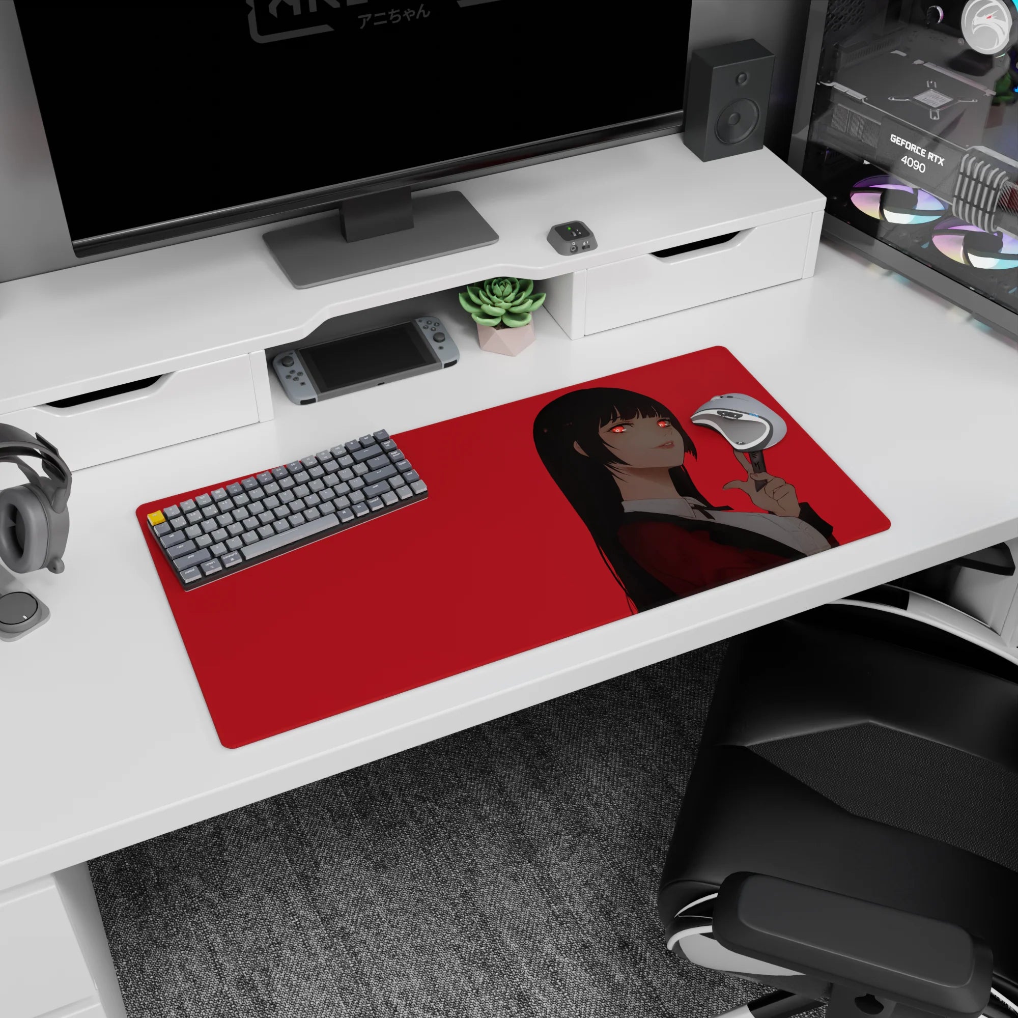 32x16 inches Yumeko Jabami anime mouse pad, side glance, glowing red eyes, peace sign on red backdrop.