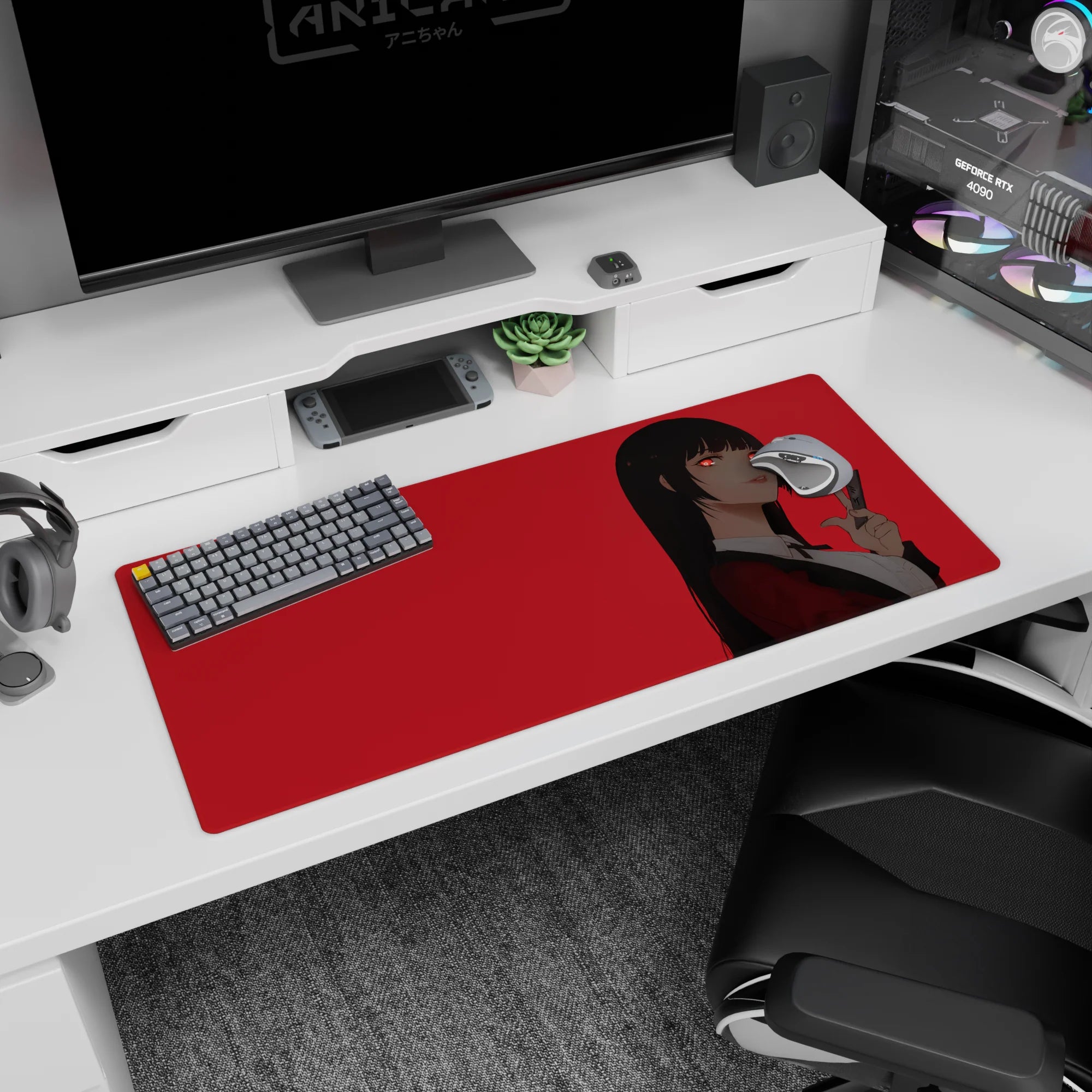 36x16 inches Yumeko Jabami desk pad in crimson blazer, side glance smile, and playful peace sign.