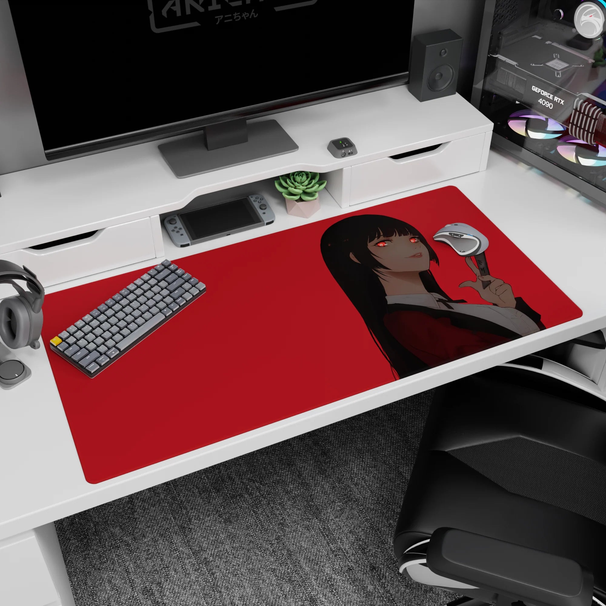 Yumeko Jabami anime desk pad 40x20 inches, crimson blazer and side glance on a bold red background.