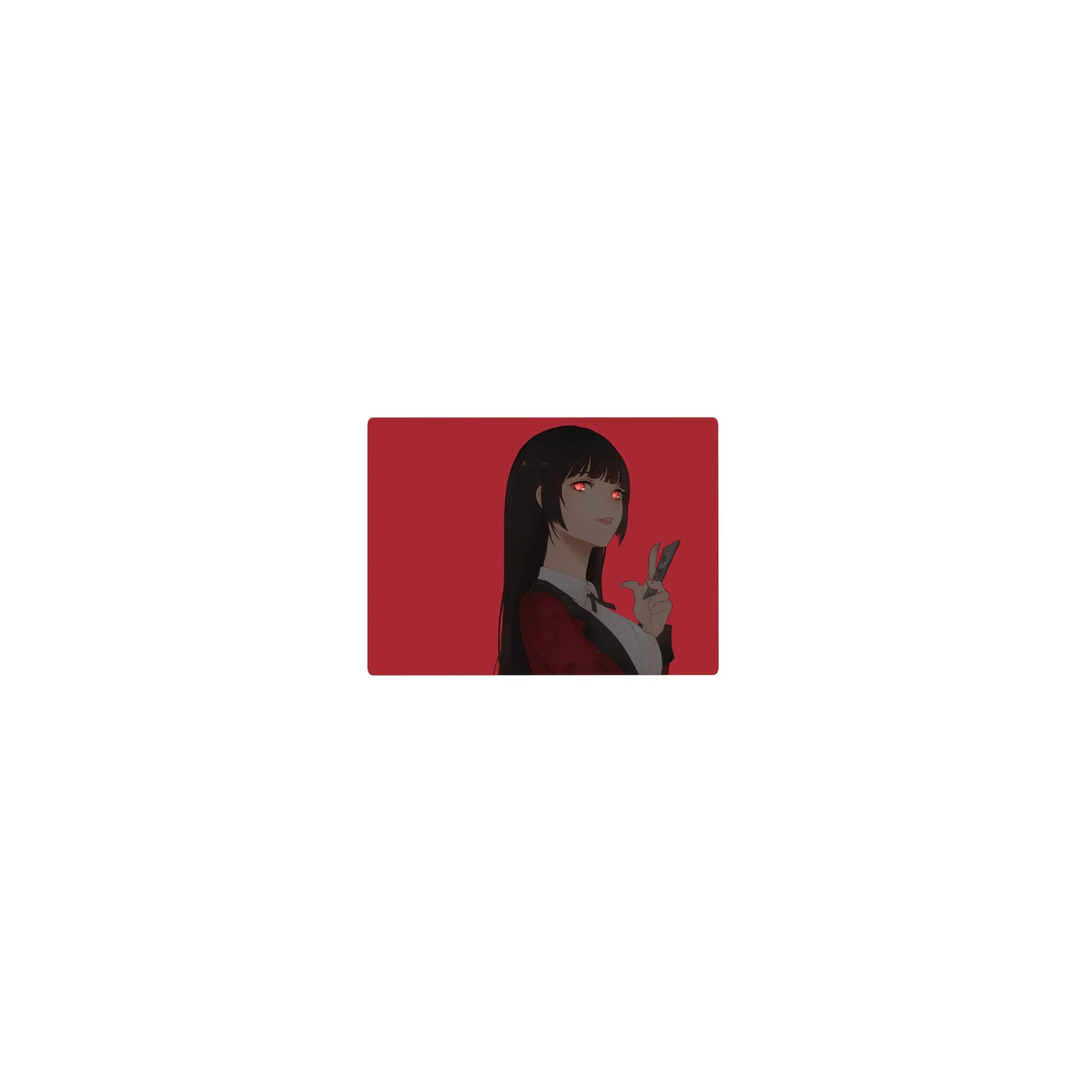 Classic anime girl mouse pad 14x10 inches with red backdrop, black hair, red eyes, peace sign pose.
