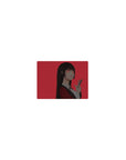 Classic anime girl mouse pad 14x10 inches with red backdrop, black hair, red eyes, peace sign pose.