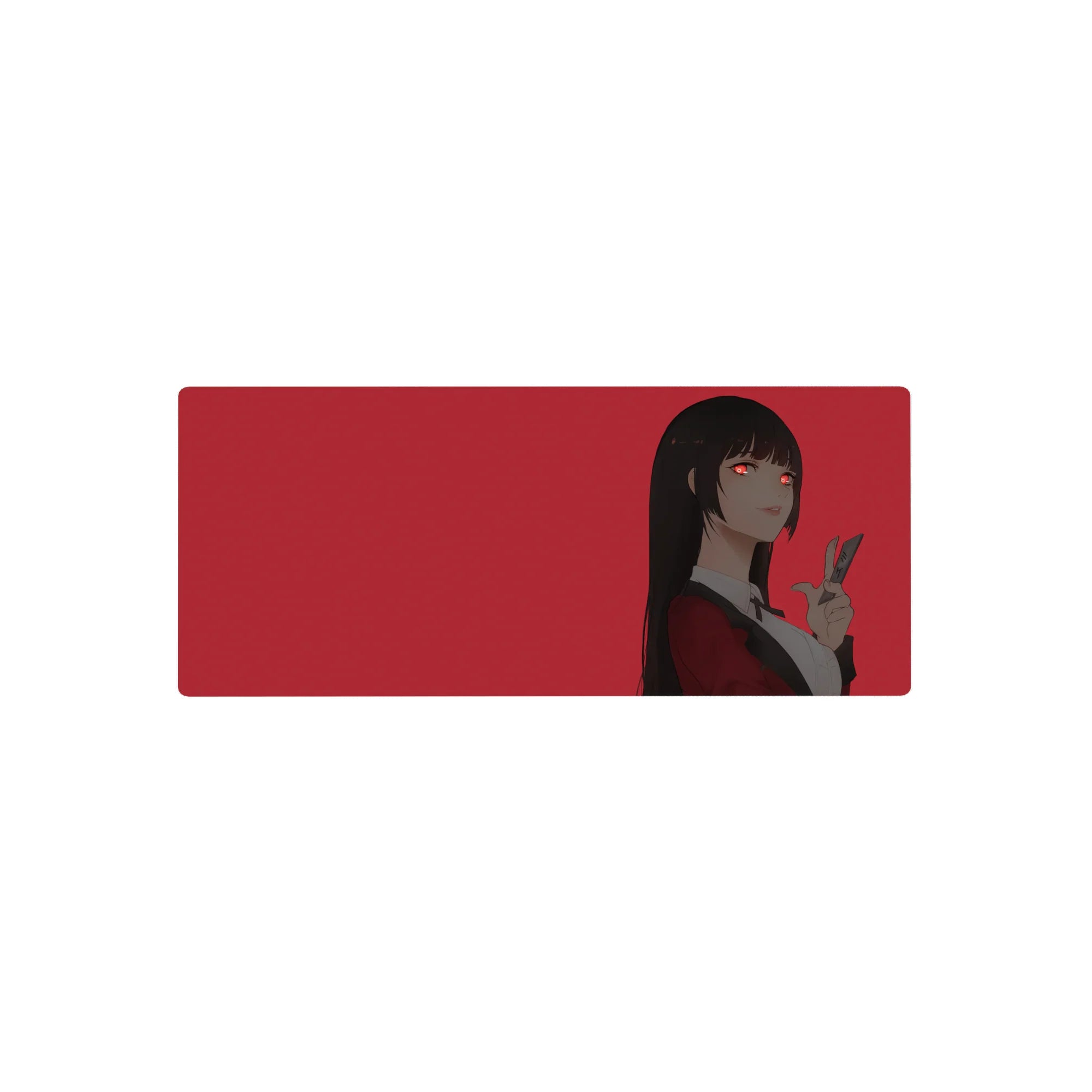 28x12 inches anime girl mouse pad with red backdrop, black-haired girl in crimson blazer, peace sign pose.