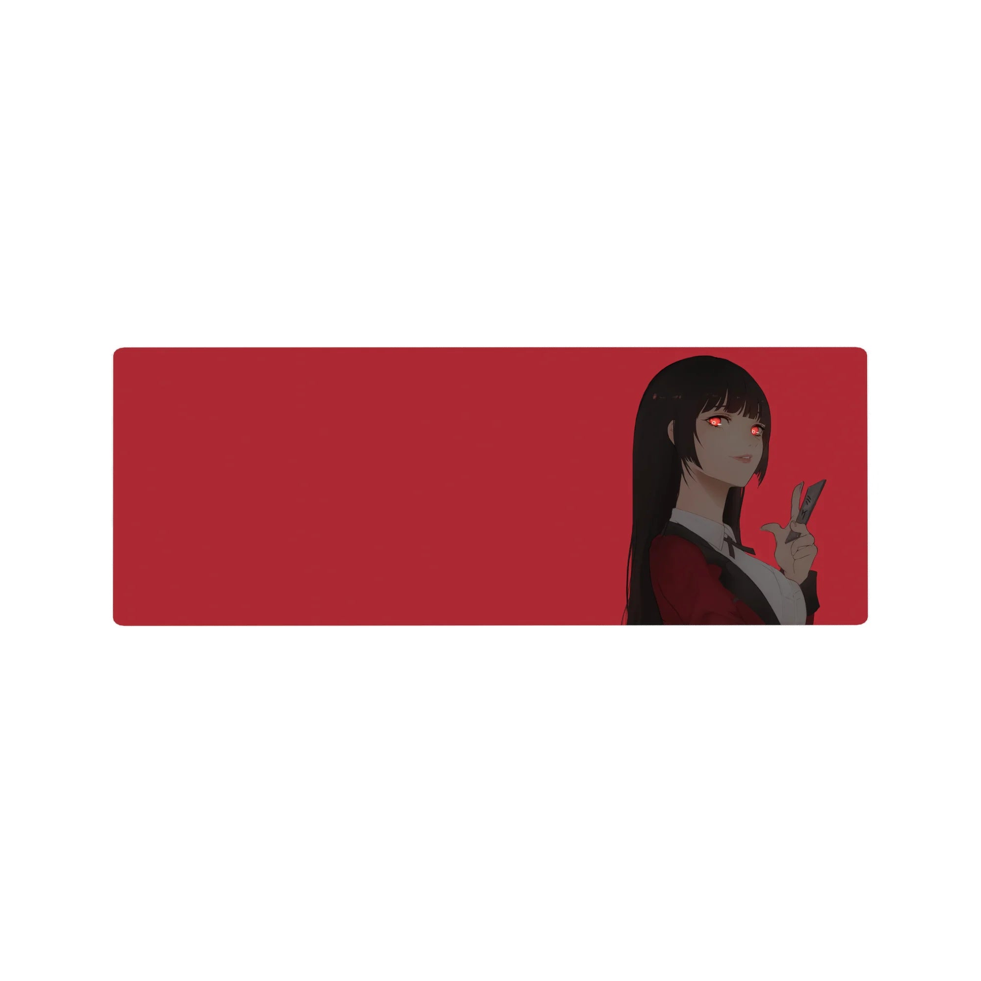 32x12 inches anime girl mouse pad with Yumeko Jabami on a bold red background, peace sign pose.