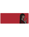 32x12 inches anime girl mouse pad with Yumeko Jabami on a bold red background, peace sign pose.