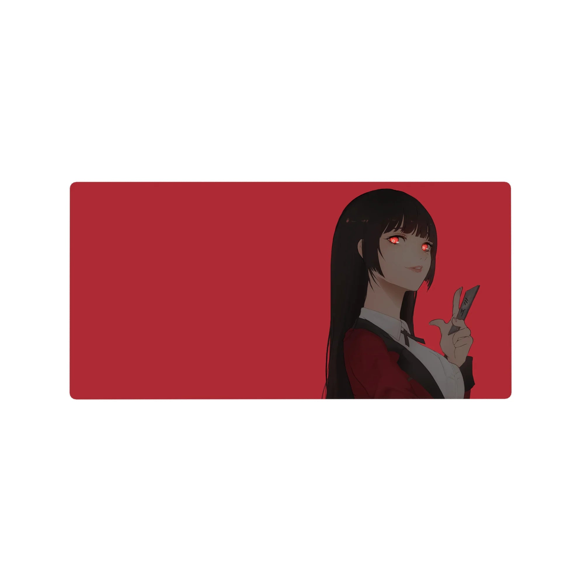32x16 inches anime girl mouse pad with red background, sleek black hair, red eyes, peace sign pose.