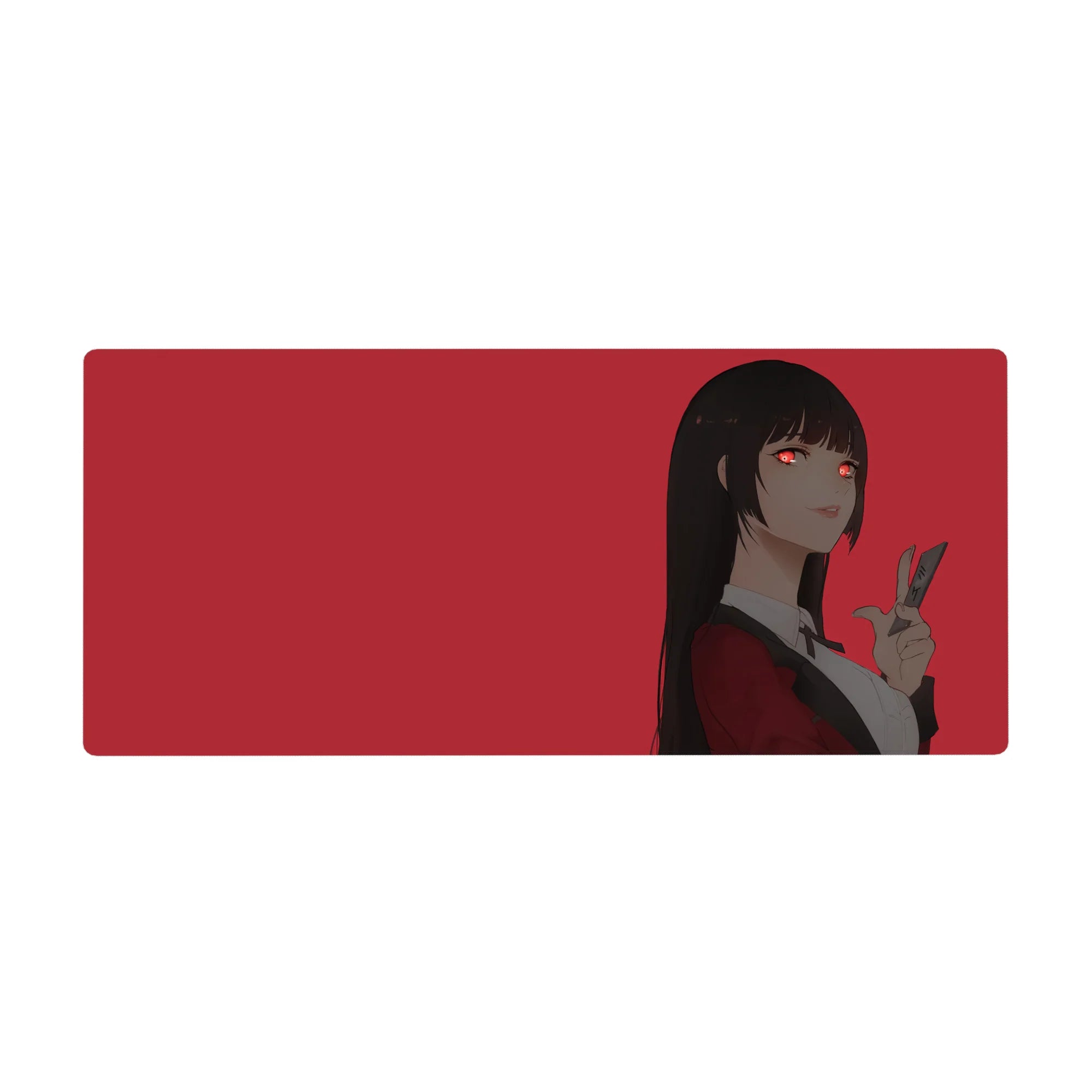 36x16 inches anime girl desk pad with red backdrop, sleek black hair, peace sign, smooth surface.