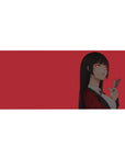 36x16 inches anime girl desk pad with red backdrop, sleek black hair, peace sign, smooth surface.