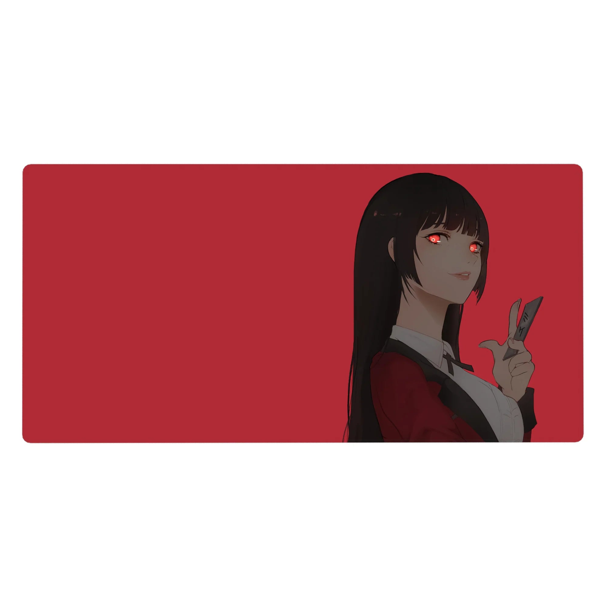 Anime girl desk pad 40x20 inches with red backdrop, sleek black hair, red eyes, and peace sign.