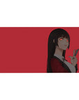 Anime girl desk pad 40x20 inches with red backdrop, sleek black hair, red eyes, and peace sign.