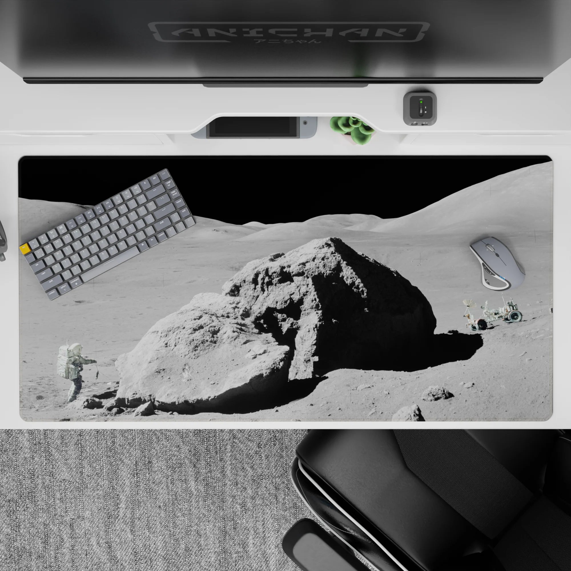 Calm gray dust and deep black sky desk pad 40x20 inches for a clean, cinematic workspace mood.