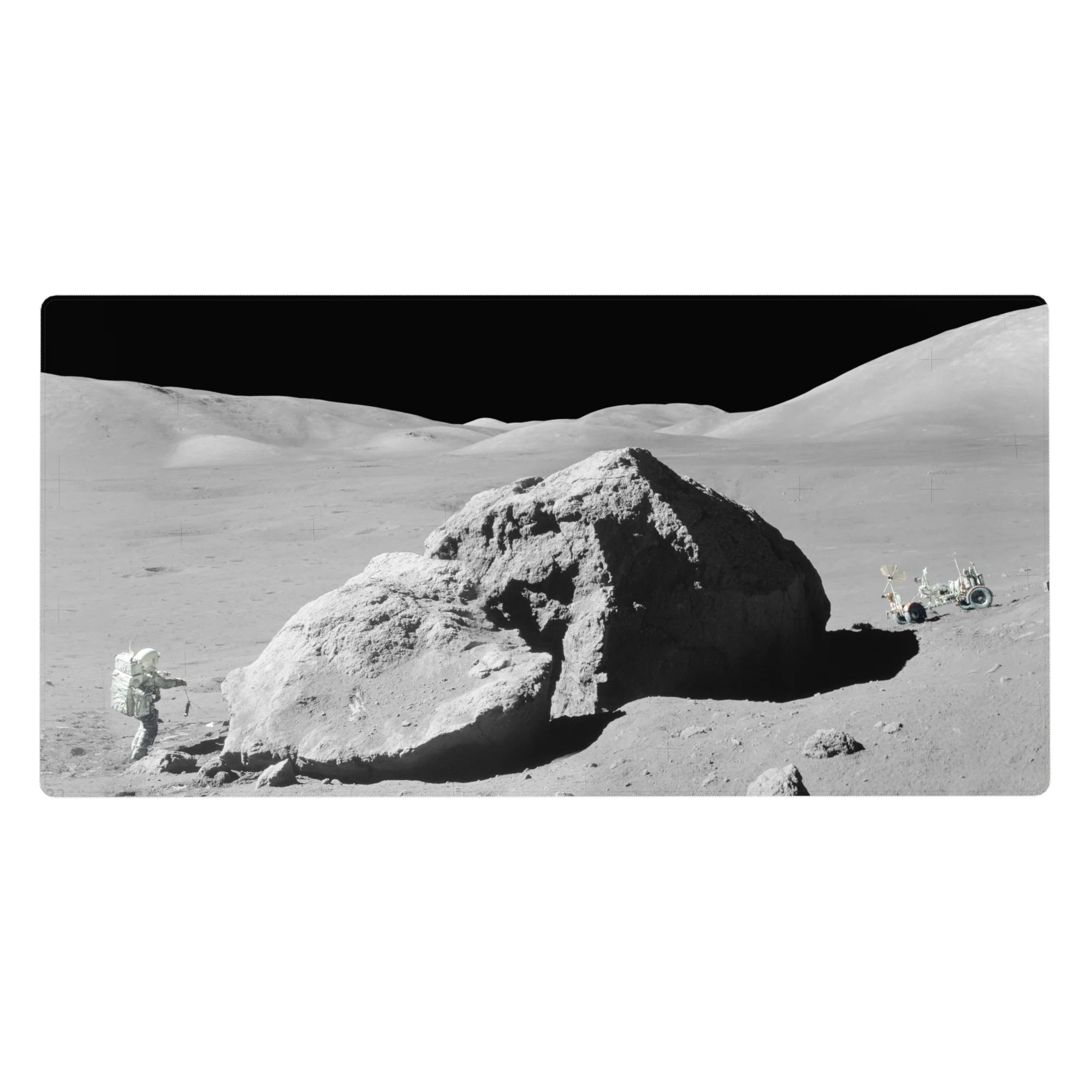 Moonscape desk pad 40x20 inches with cratered lunar surface and open-space minimalist design.