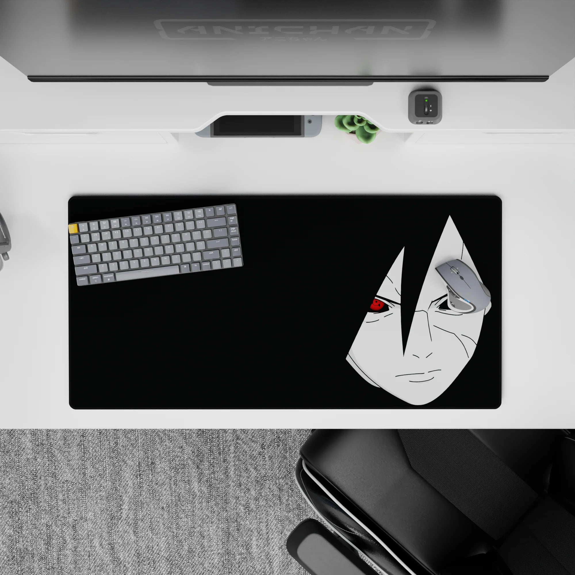 Black space background with red Sharingan eyes, moody classy anime mouse pad, 32x16 inches.
