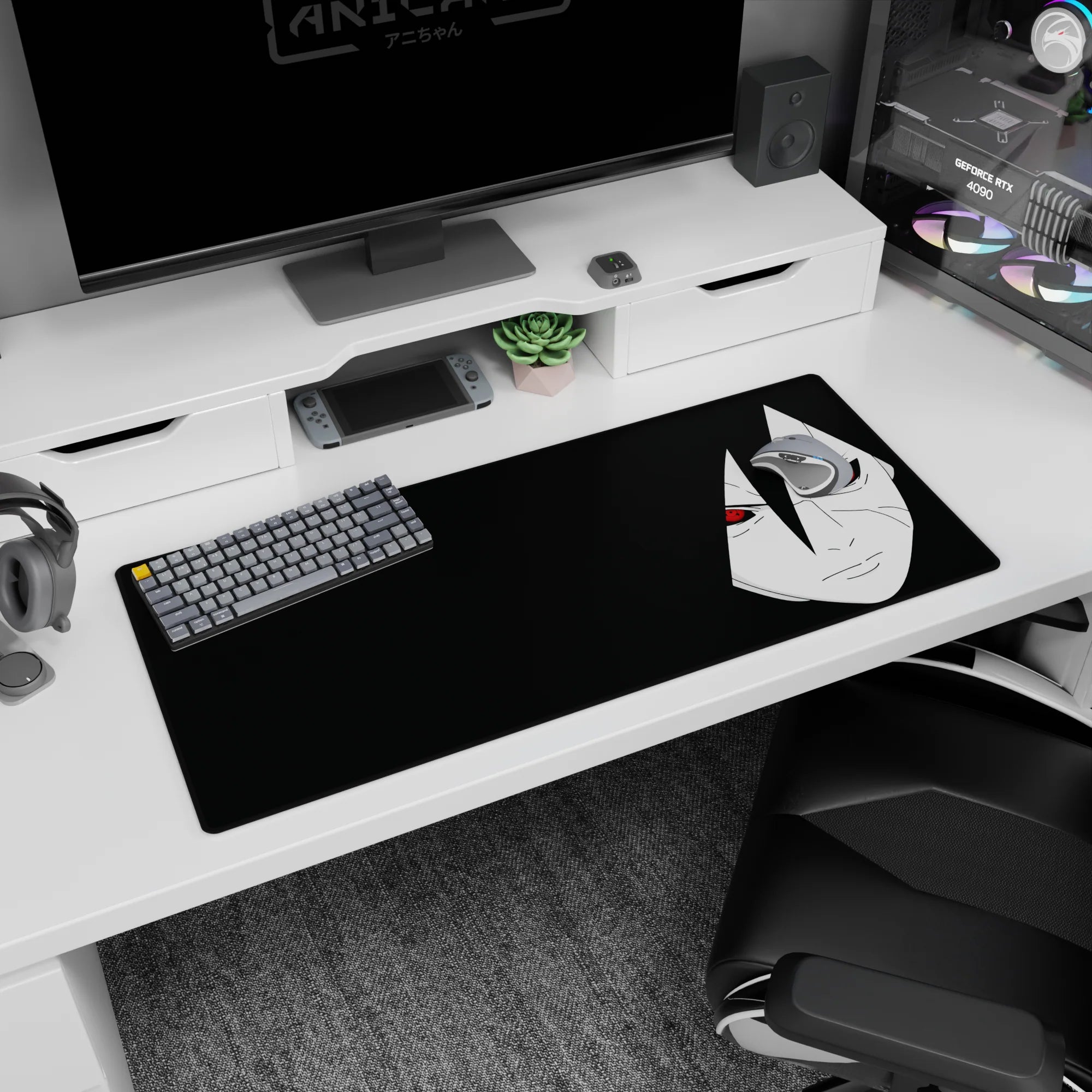 Naruto Sasuke Uchiha desk pad 36x16 inches showing his intense stare with red Sharingan on black.