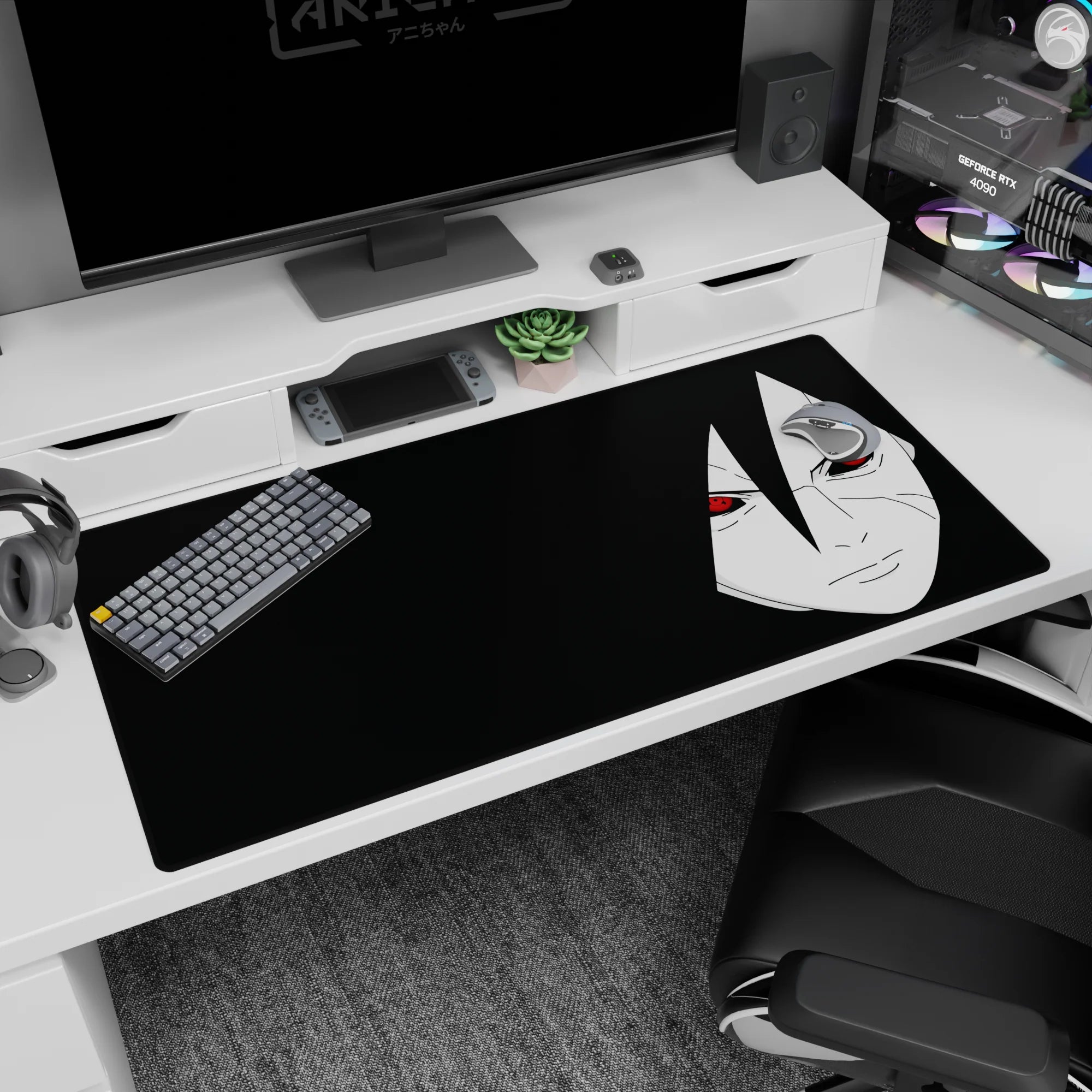 Sasuke Uchiha Naruto desk pad 40x20 inches, close-up stare with glowing red Sharingan on black.