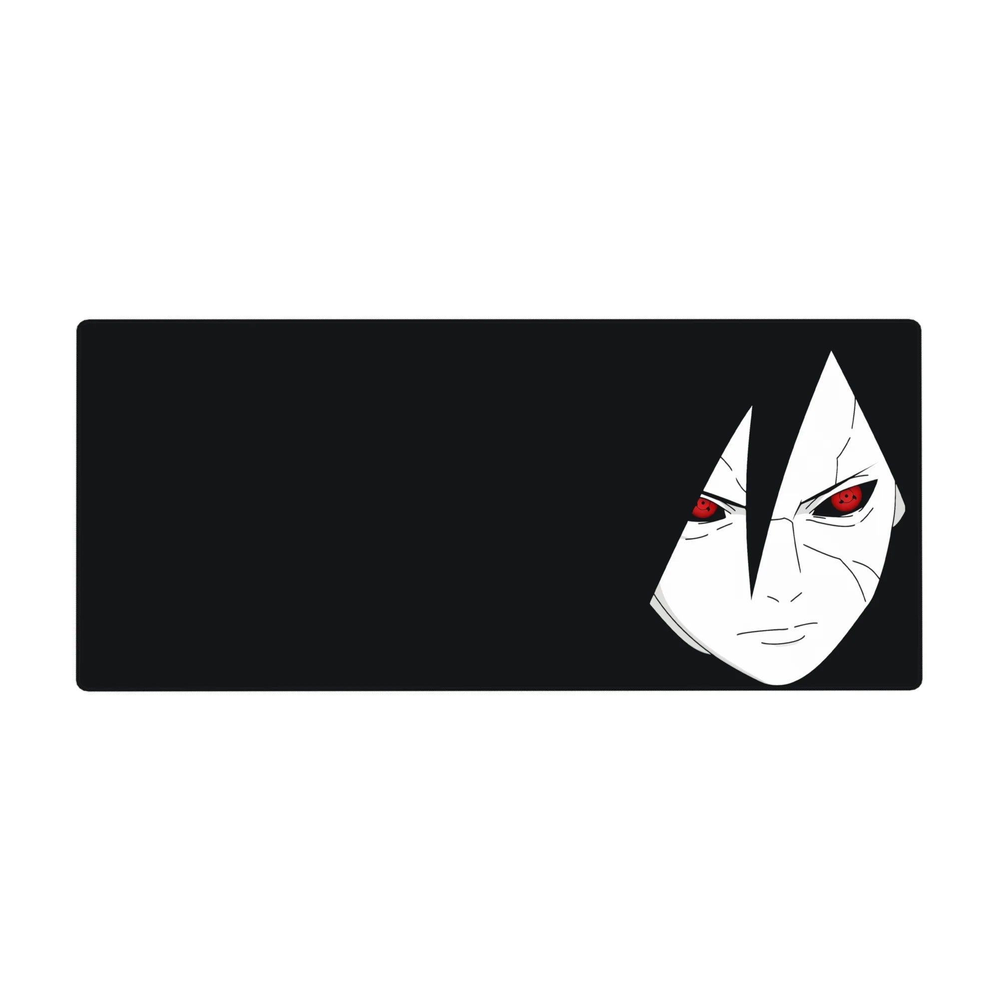 Minimalist anime desk pad 36x16 inches with Sasuke-inspired face and sharp modern line art.