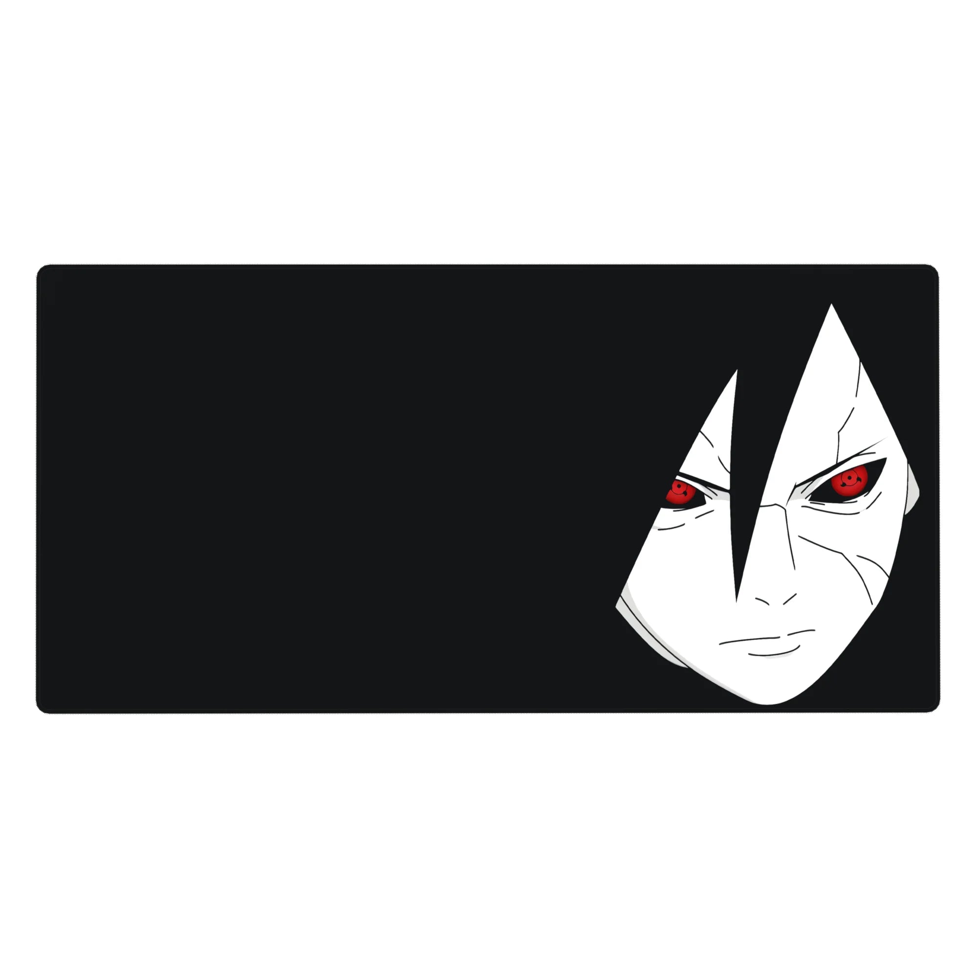 Minimalist anime desk pad 40x20 inches with Sasuke-inspired face and sharp modern line art.