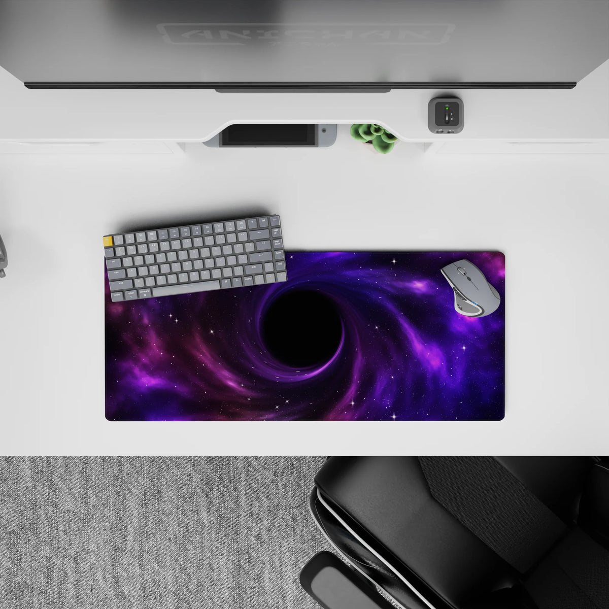 Violet-to-magenta midnight galaxy mouse pad with dreamy gradients and starlight, 28x12 inches.