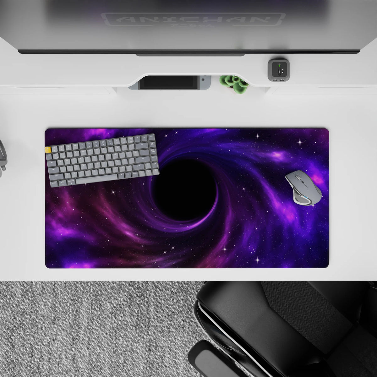 Dreamy midnight galaxy mouse pad 32x16 inches in deep purples and soft magenta gradients, calming vibe.