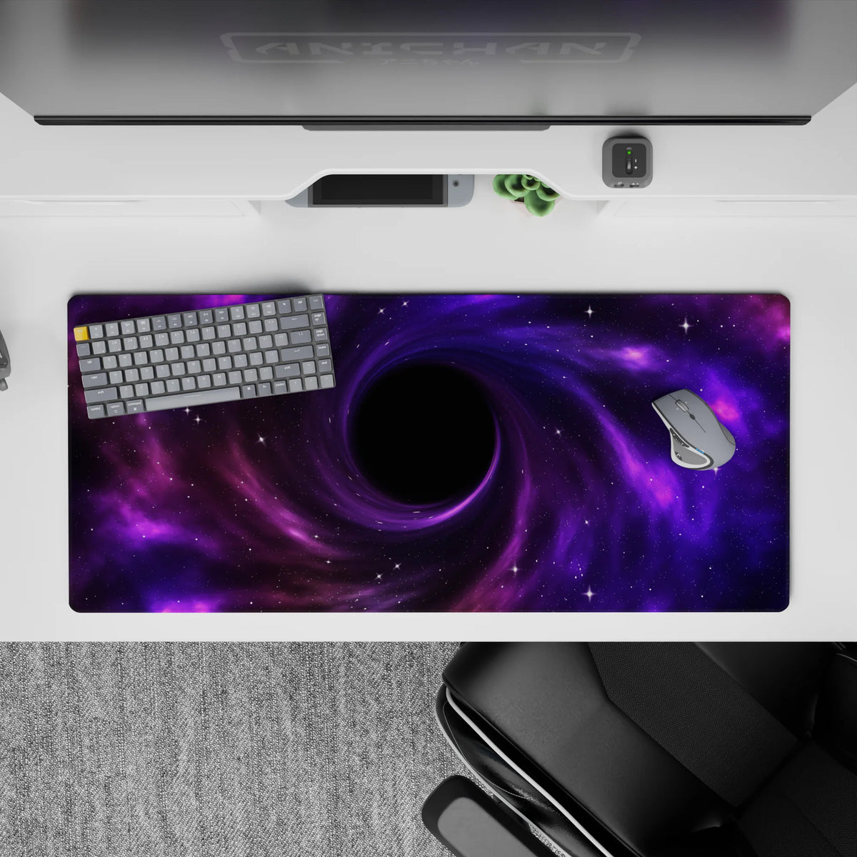 Violet-to-magenta midnight haze desk pad 36x16 inches, dreamy space mood with soft glowing starlight.