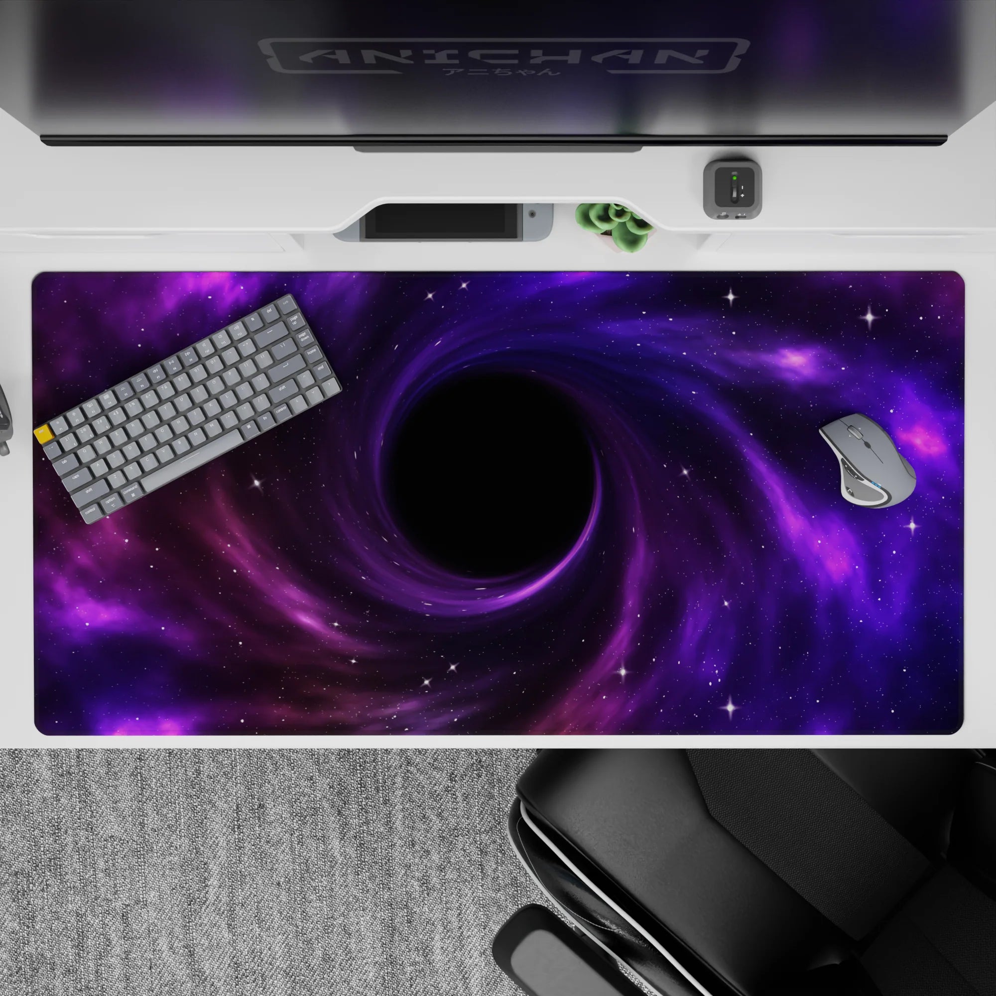 Dreamy purple-to-magenta gradient desk pad 40x20 inches, midnight center, calm space vibe.