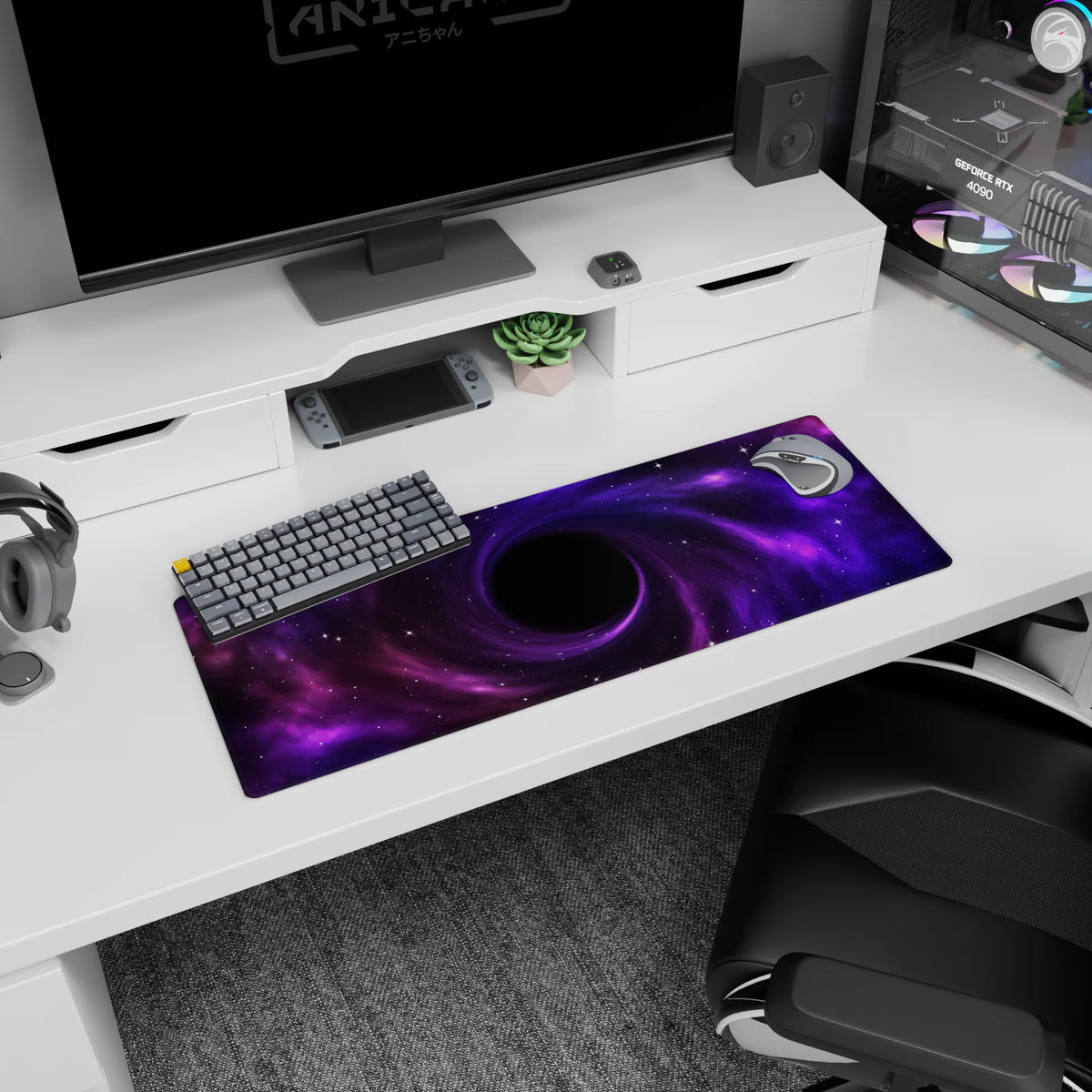 Violet cloud spiral portal scene mouse pad 32x12 inches, spiraling into a dark center with stars.