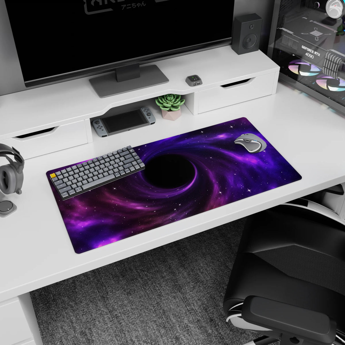 Violet spiral portal galaxy mouse pad 32x16 inches with wispy nebula streaks and tiny sharp stars.