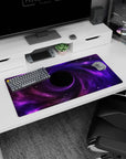 Violet spiral portal galaxy mouse pad 32x16 inches with wispy nebula streaks and tiny sharp stars.