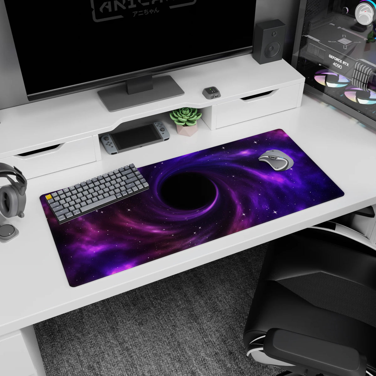 Violet clouds spiraling into a dark center desk pad 36x16 inches, like a star-filled portal scene.