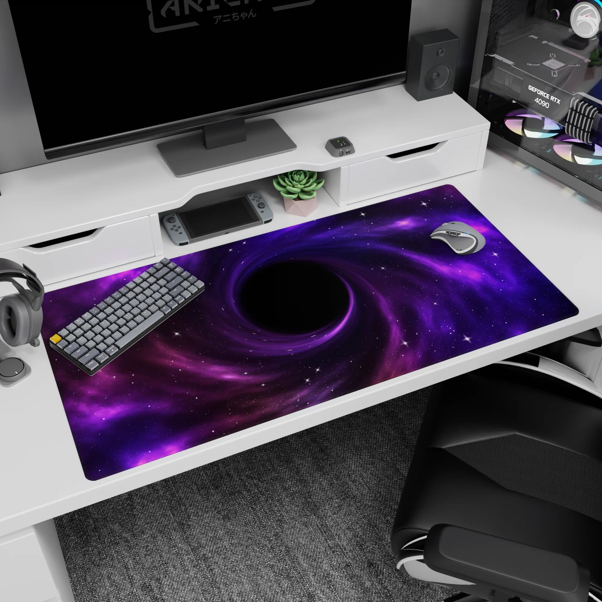 Violet cloud spiral portal scene desk pad 40x20 inches with wispy nebula streaks and stars.