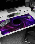 Violet cloud spiral portal scene desk pad 40x20 inches with wispy nebula streaks and stars.