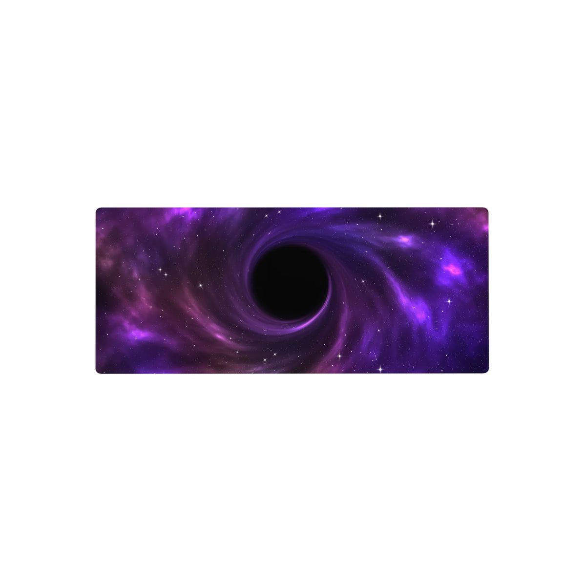 Cosmic swirl nebula desk mouse pad with starry spiral portal design, 28x12 inches.