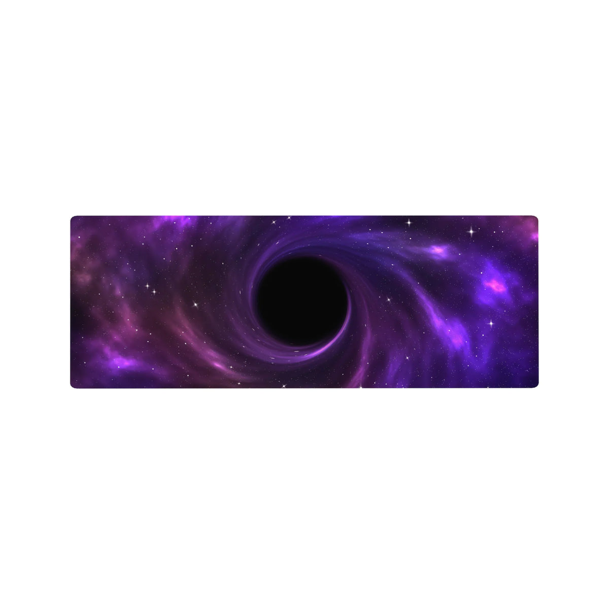 Cosmic swirl galaxy desk mouse pad 32x12 inches with violet nebula clouds and tiny stars.