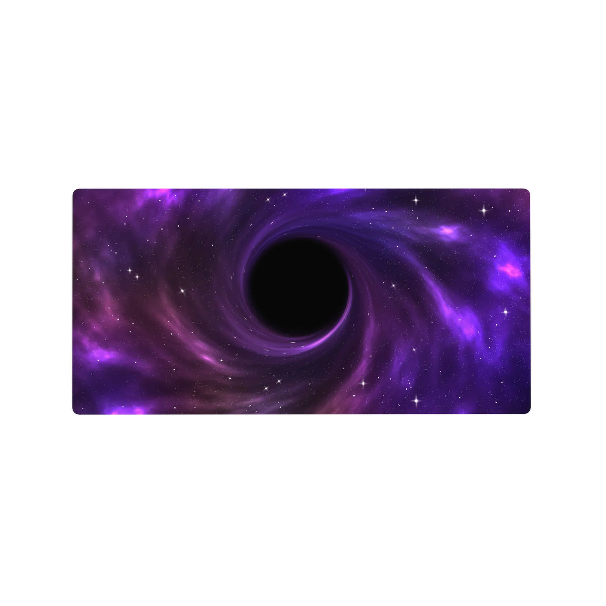 Cosmic swirl nebula desk mouse pad 32x16 inches with violet clouds, magenta haze, and starlight stars.