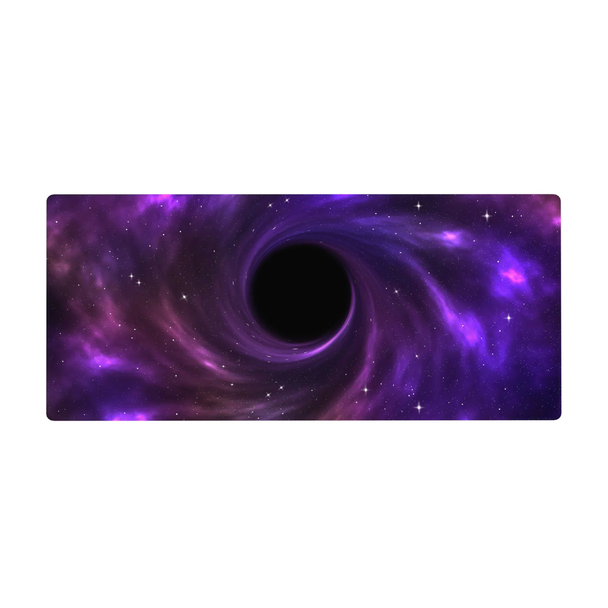 Cosmic swirl galaxy desk pad 36x16 inches with nebula gradients and scattered starry details.