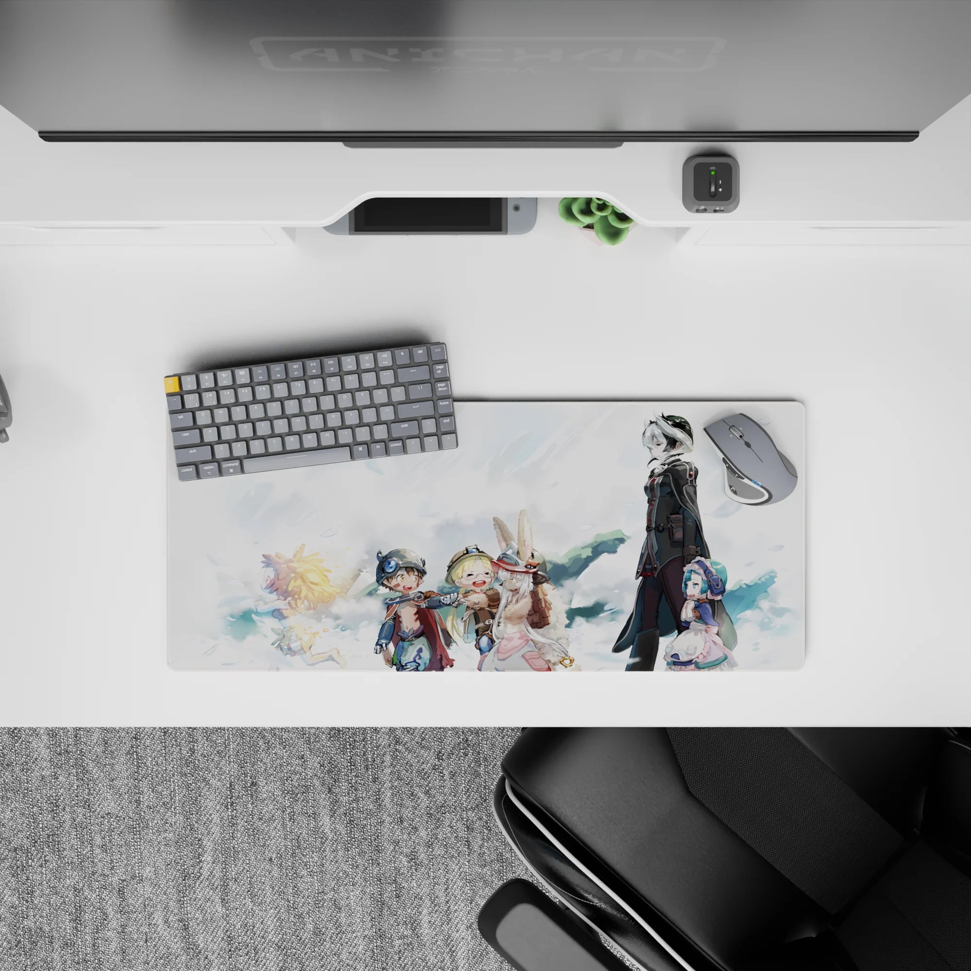 28x12 inches anime mouse pad in soft pastel clouds and airy whites, warm found-family vibe.