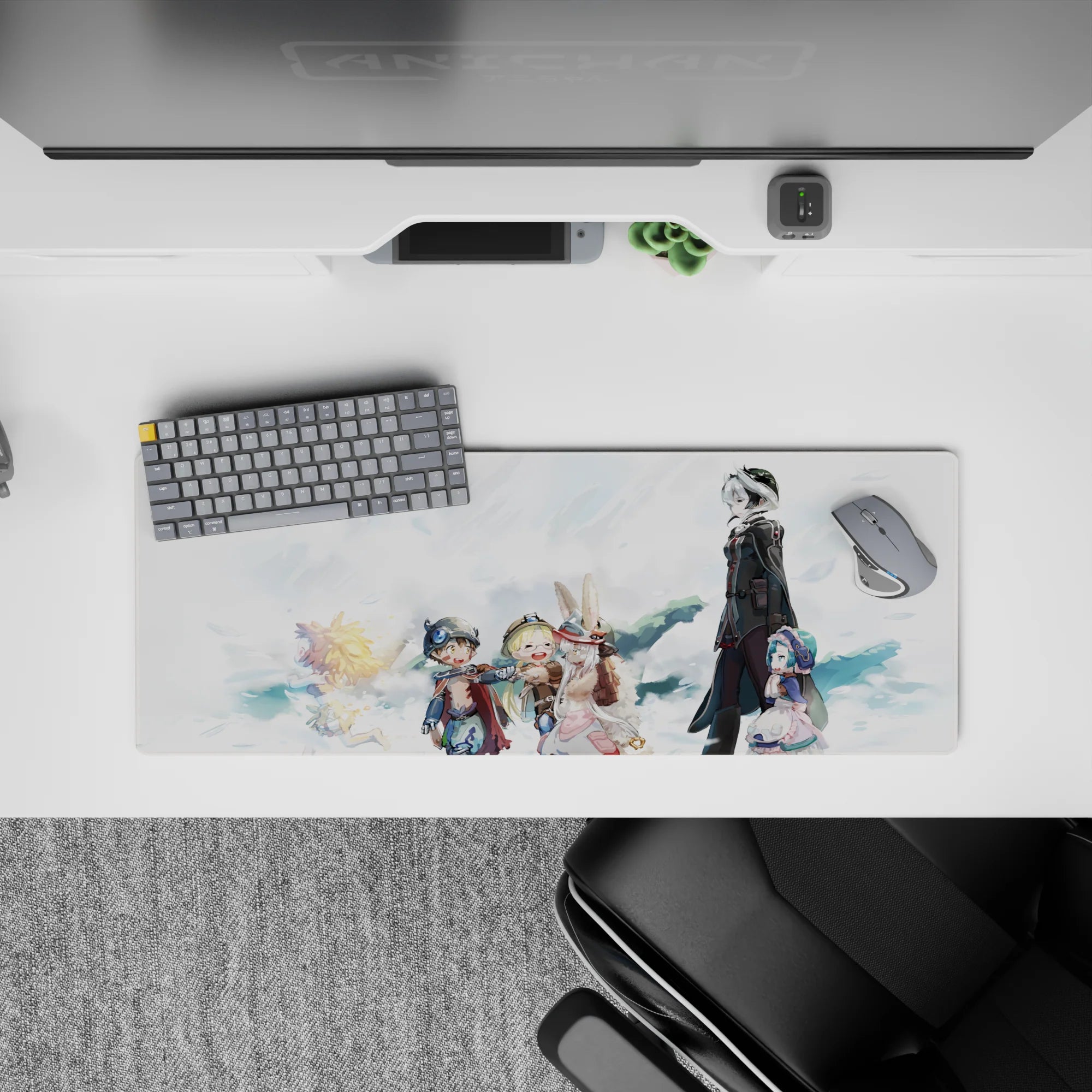 32x12 inches anime mouse pad in soft pastel clouds and airy whites, warm found-family vibe desk mat.
