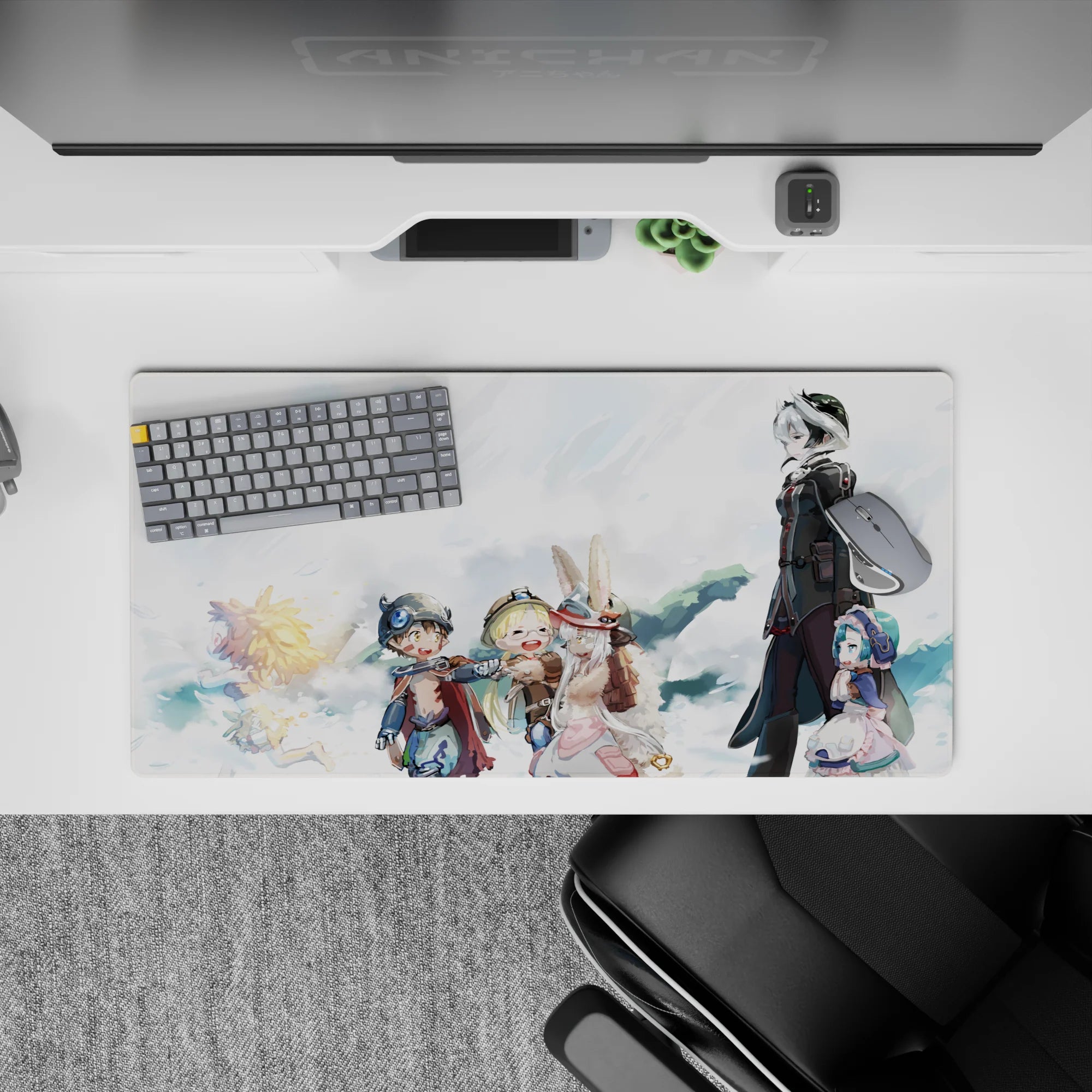 Soft pastel cloudscape anime mouse pad 32x16 inches, airy whites and cozy found-family vibe for smooth tracking.