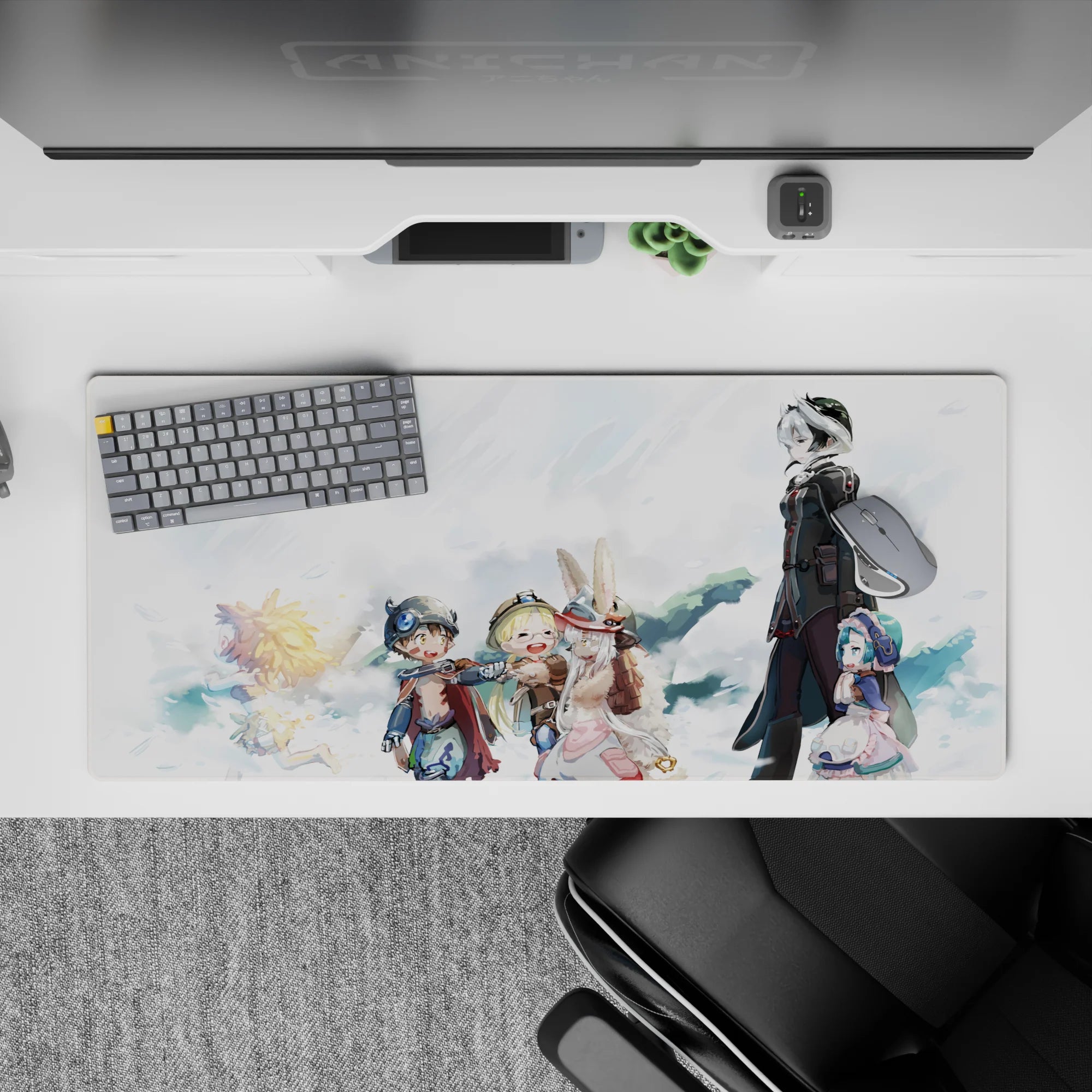 36x16 inches anime desk pad in soft pastel clouds and bright whites, cozy found-family vibe, clean look.